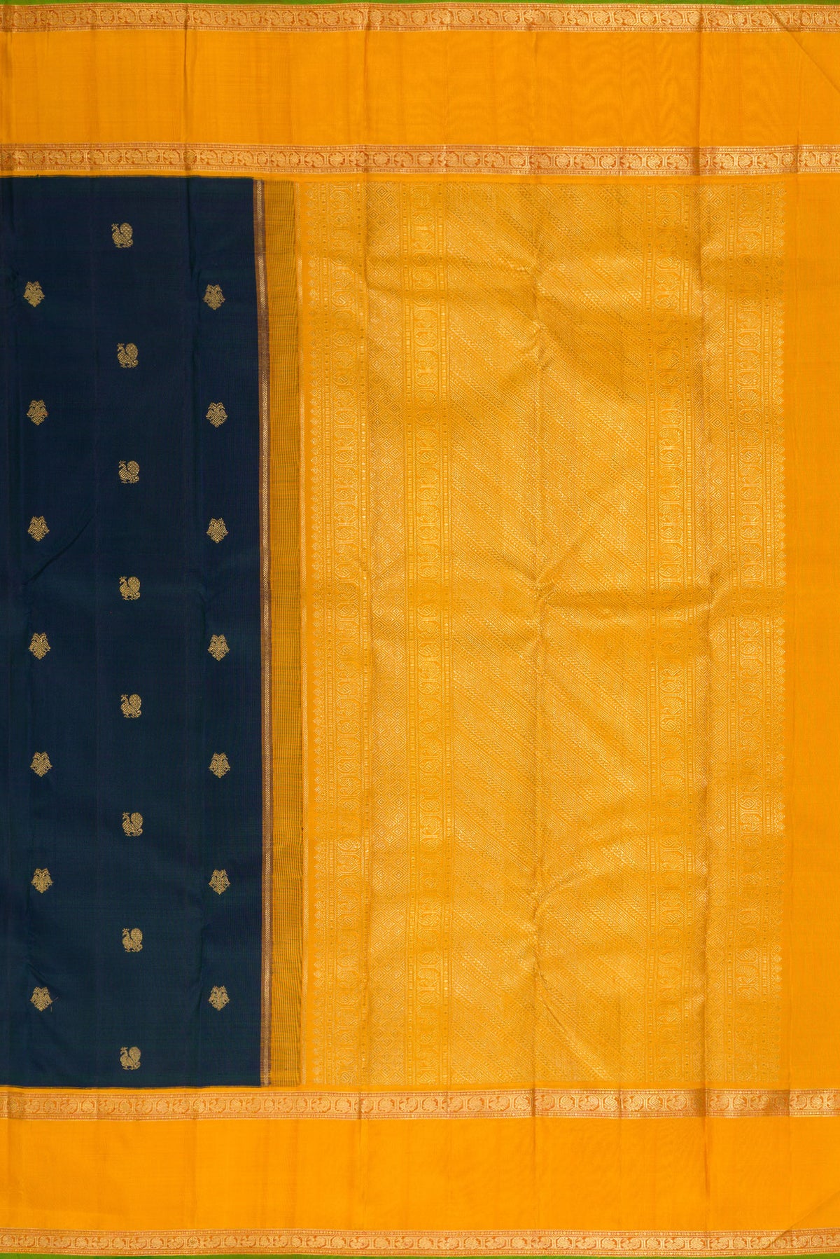 Close up image of the pallu of Pure Silk Pure Zari Peacock Blue Dual Tone Kanjivaram Saree with Zari Butta on the body and Zari Border. 