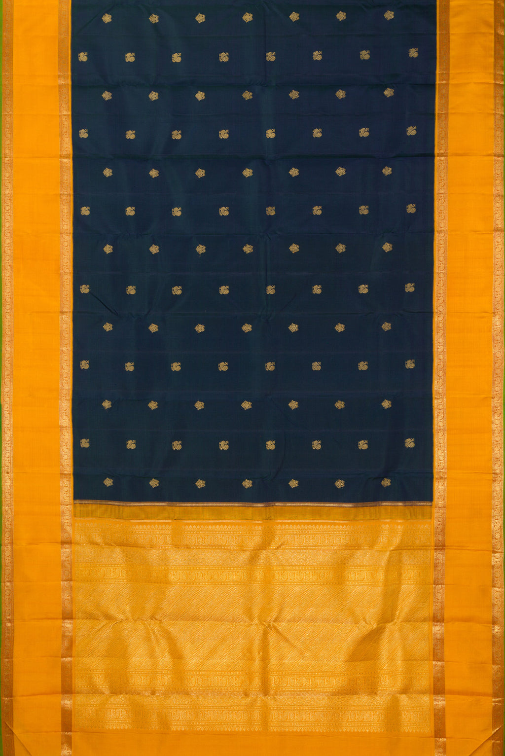 Flat view of Pure Silk Pure Zari Peacock Blue Dual Tone Kanjivaram Saree with Zari Butta on the body and Zari Border. 