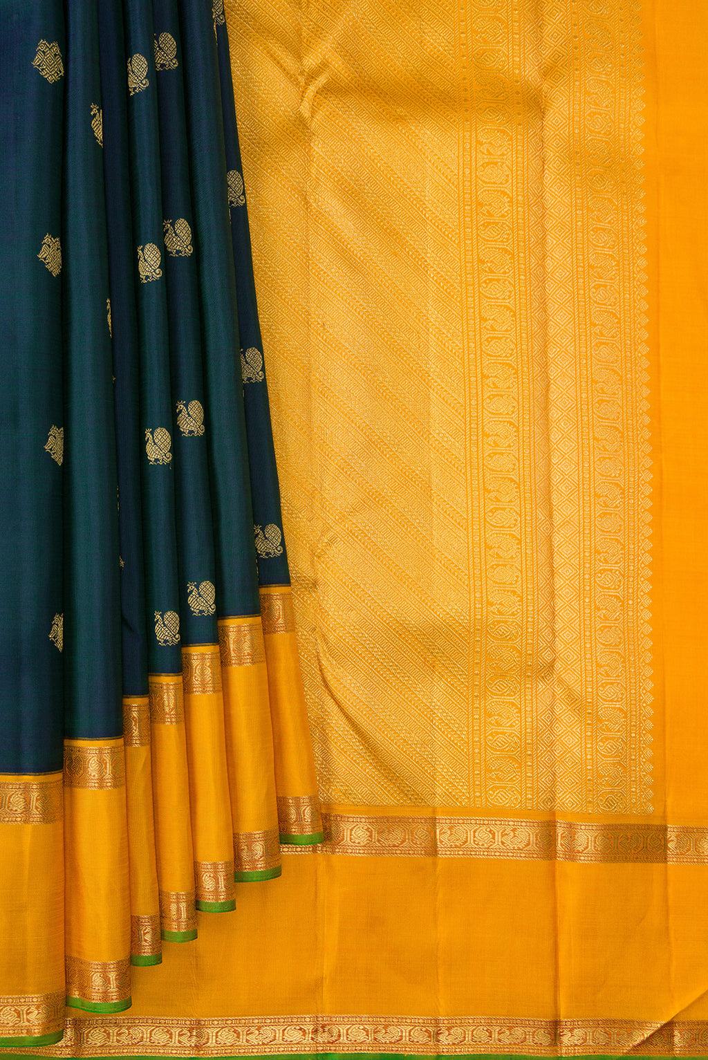Pleats and pallu of Pure Silk Pure Zari Peacock Blue Dual Tone Kanjivaram Saree with Zari Butta on the body and Zari Border. 