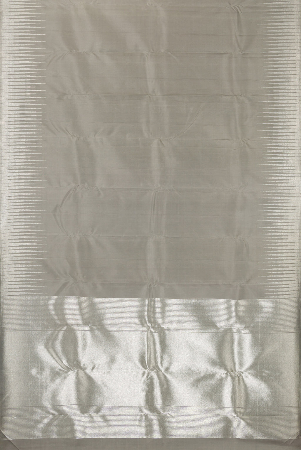 Flat view of Pure Silk Pure Zari Grey Dual Tone Kanchipuram Saree with Plain Body and Fancy Border. 