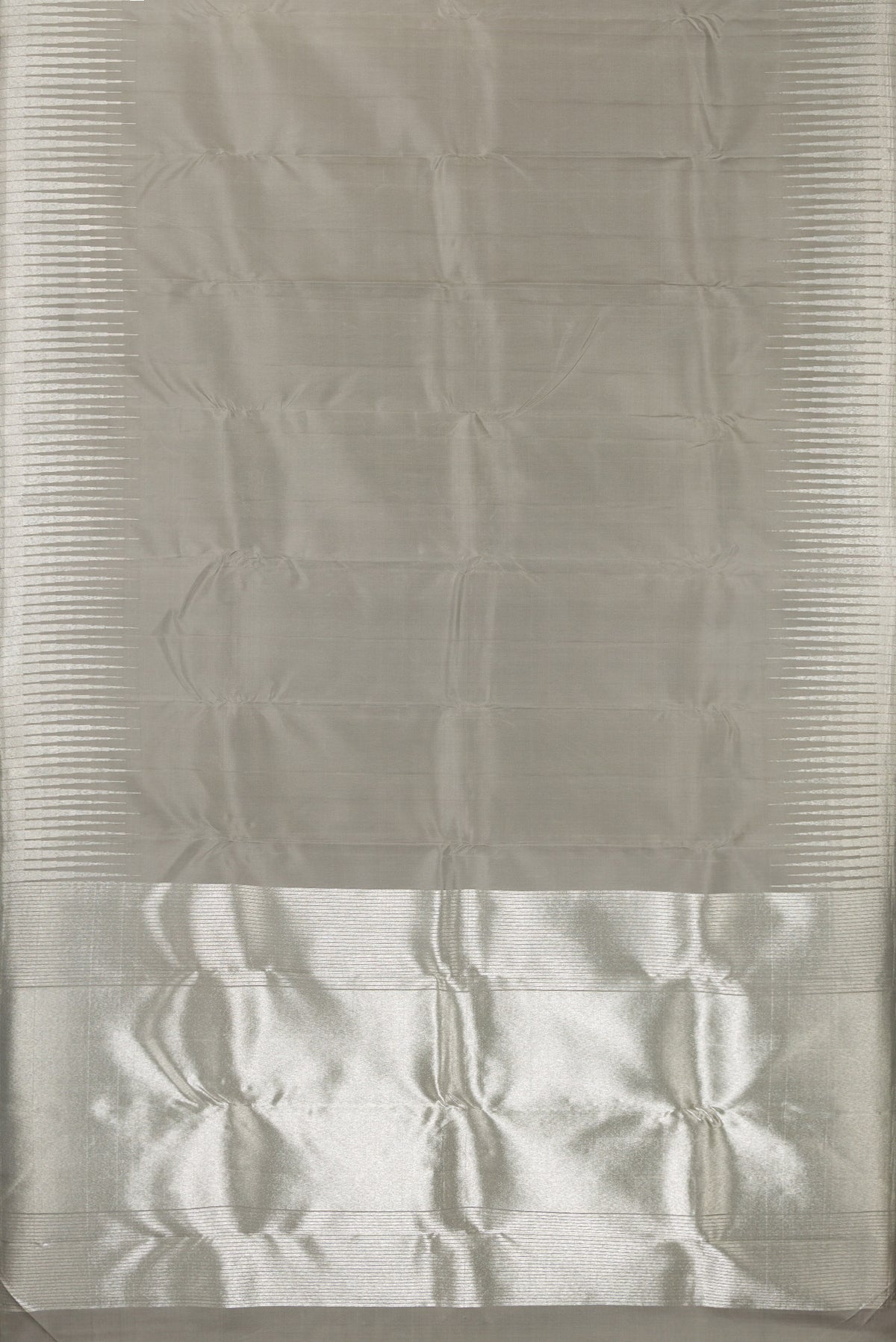 Flat view of Pure Silk Pure Zari Grey Dual Tone Kanchipuram Saree with Plain Body and Fancy Border. 