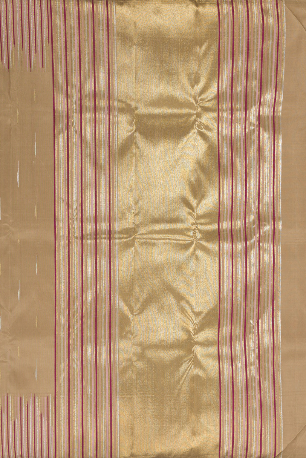 Close up image of the pallu of Pure Silk Pure Zari Dark Beige Kanchipuram Saree with Zari Butta on the body and Fancy Border. 