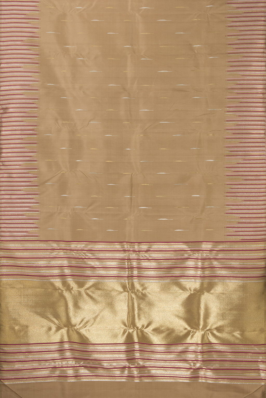 Flat view of Pure Silk Pure Zari Dark Beige Kanchipuram Saree with Zari Butta on the body and Fancy Border. 