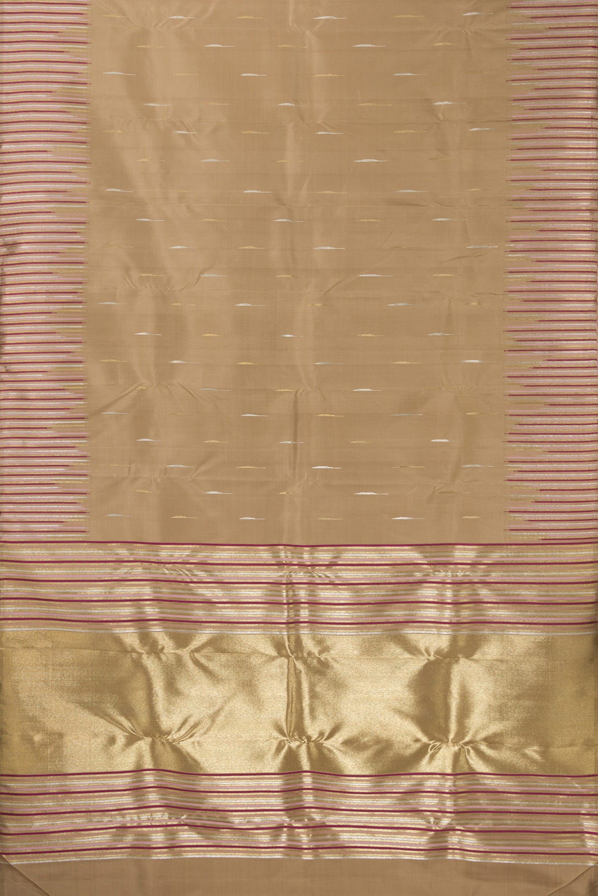 Flat view of Pure Silk Pure Zari Dark Beige Kanchipuram Saree with Zari Butta on the body and Fancy Border. 