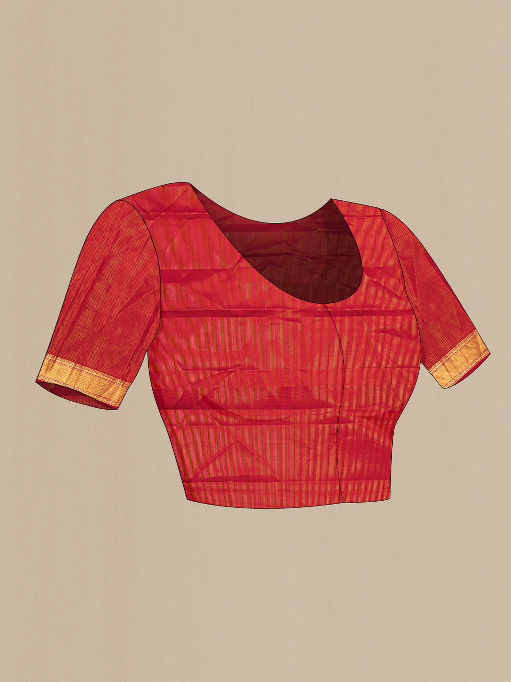 Close up image of the blouse of Pure Silk Red Dual Tone Kanjivaram Saree with Stripes on the body and Zari Border. 