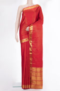 Pure Silk Red Dual Tone Kanjivaram Saree with Stripes on the body and Zari Border.  displayed on a mannequin