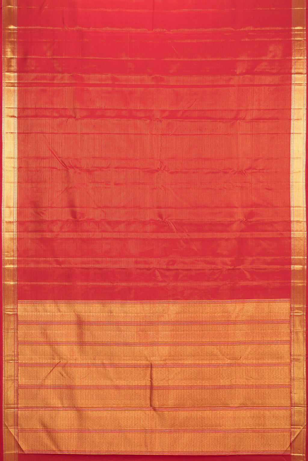 Flat view of Pure Silk Red Dual Tone Kanjivaram Saree with Stripes on the body and Zari Border. 