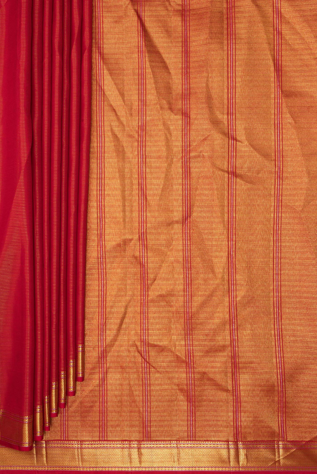 Pleats and pallu of Pure Silk Red Dual Tone Kanjivaram Saree with Stripes on the body and Zari Border. 