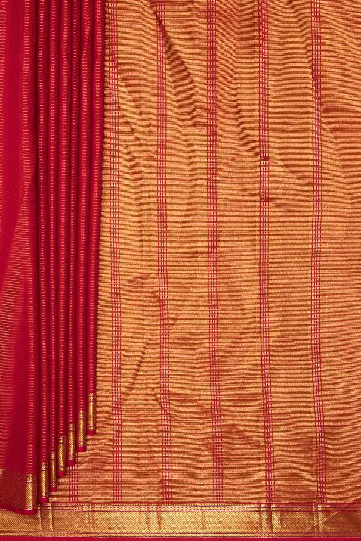 Pleats and pallu of Pure Silk Red Dual Tone Kanjivaram Saree with Stripes on the body and Zari Border. 