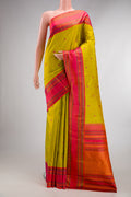 Pure Silk Mehandi Green Dual Tone Kanjivaram Saree with Thread Butta on the body and Thread Border.  displayed on a mannequin