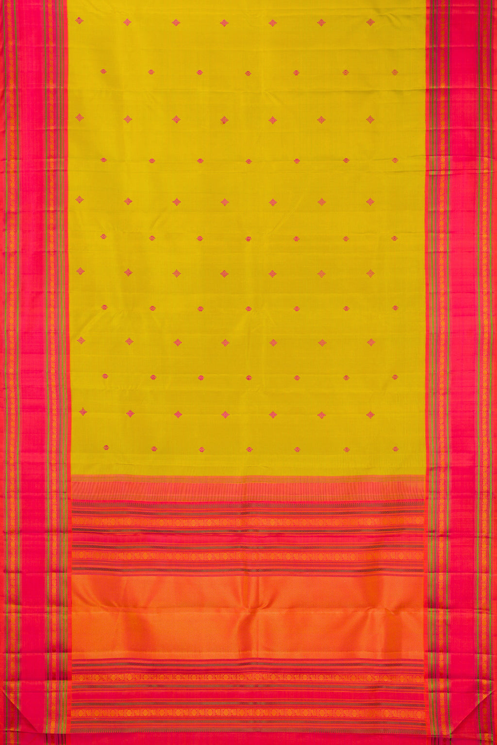 Flat view of Pure Silk Mehandi Green Dual Tone Kanjivaram Saree with Thread Butta on the body and Thread Border. 