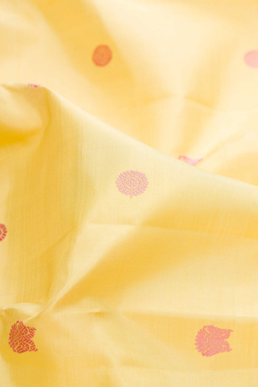 Close up of Pure Silk Sandal Kanjivaram Saree with Thread Butta on the body and Thread Border.  displaying folds