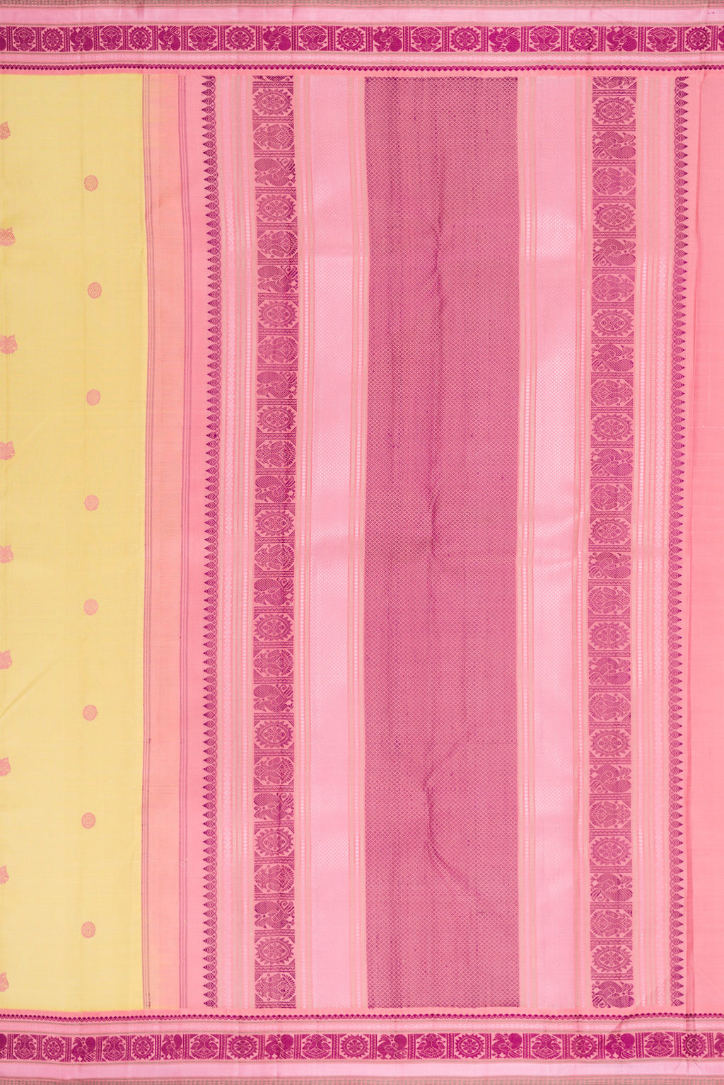 Close up image of the pallu of Pure Silk Sandal Kanjivaram Saree with Thread Butta on the body and Thread Border. 