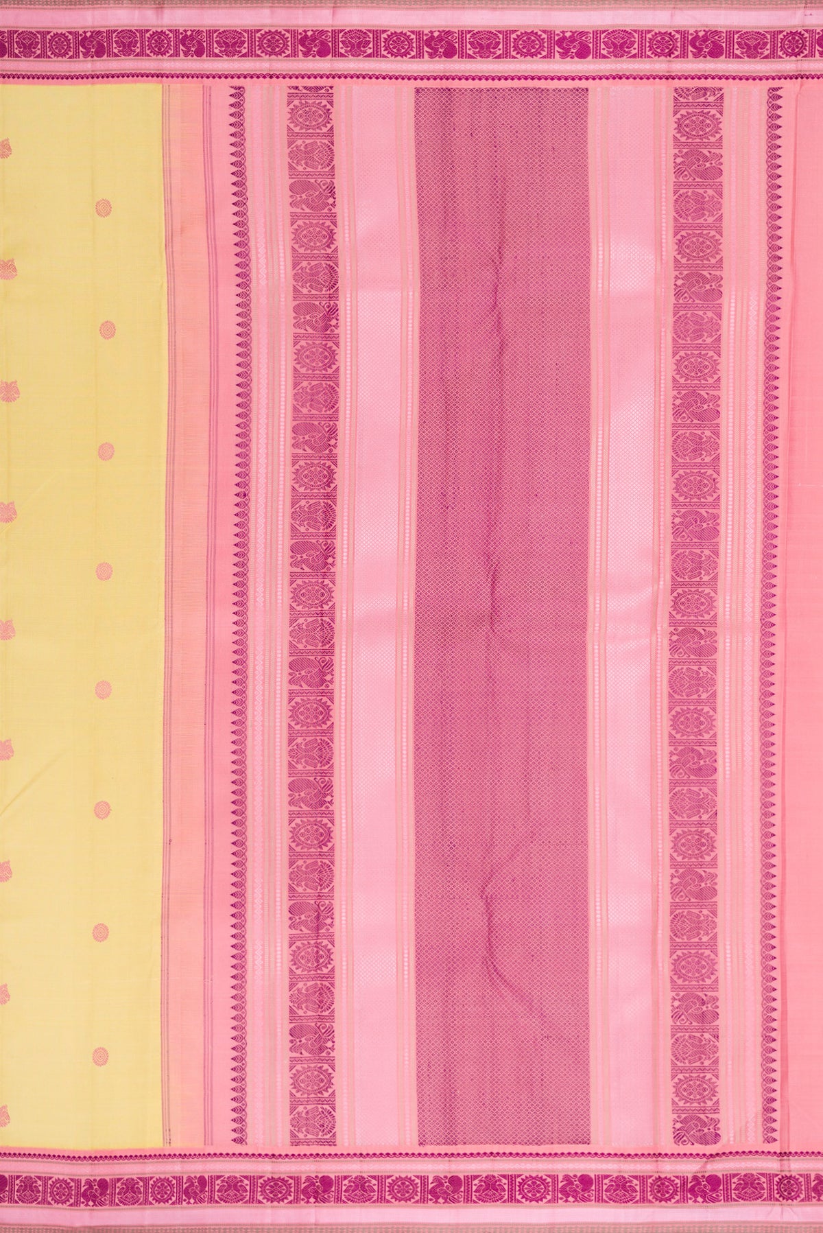 Close up image of the pallu of Pure Silk Sandal Kanjivaram Saree with Thread Butta on the body and Thread Border. 