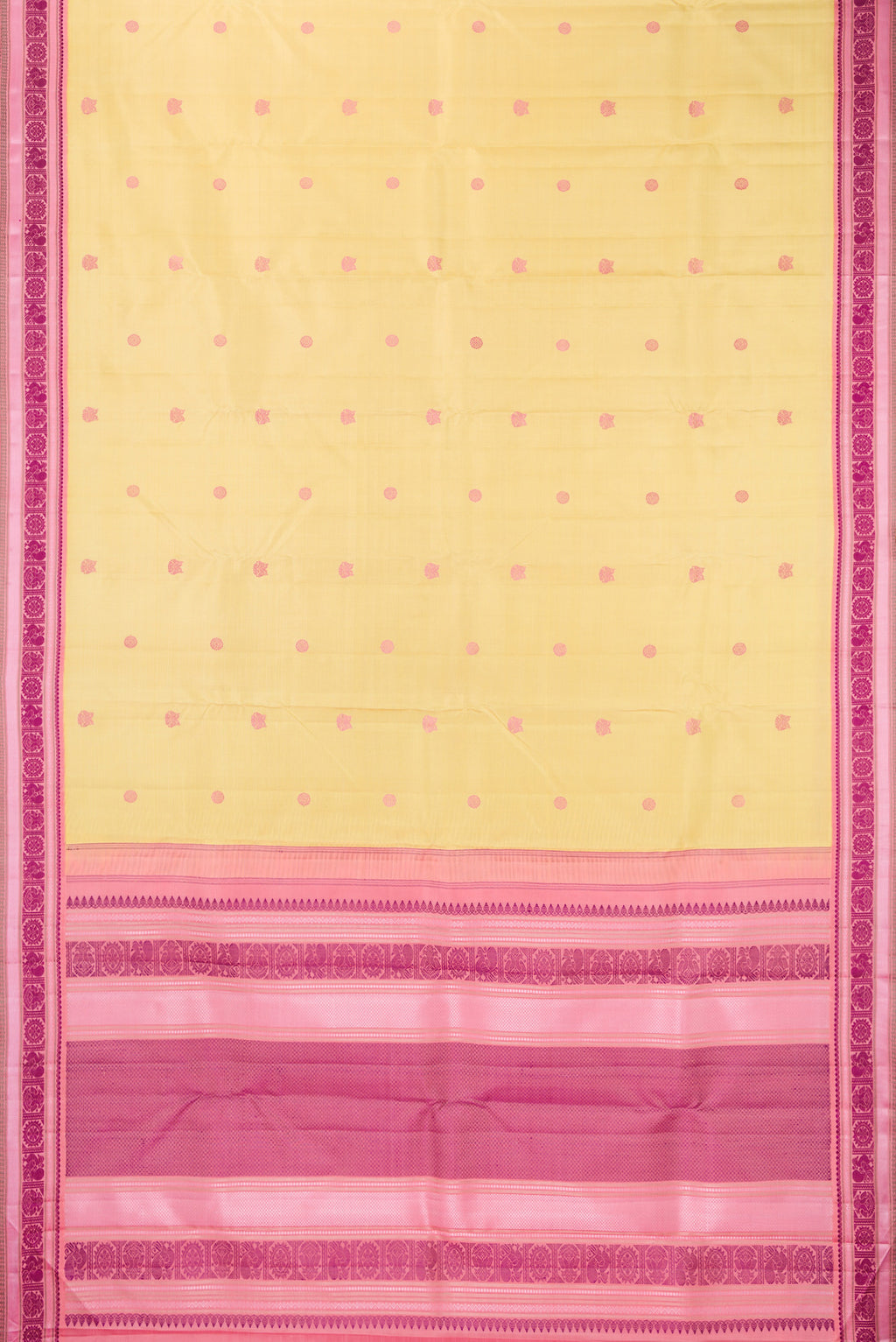 Flat view of Pure Silk Sandal Kanjivaram Saree with Thread Butta on the body and Thread Border. 
