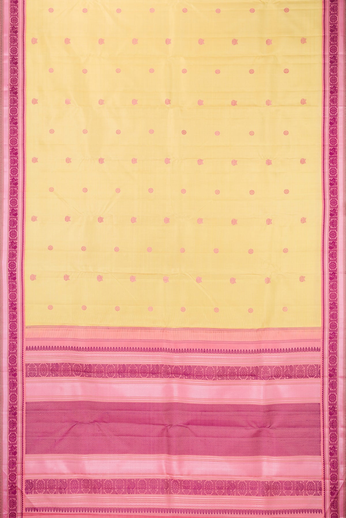 Flat view of Pure Silk Sandal Kanjivaram Saree with Thread Butta on the body and Thread Border. 