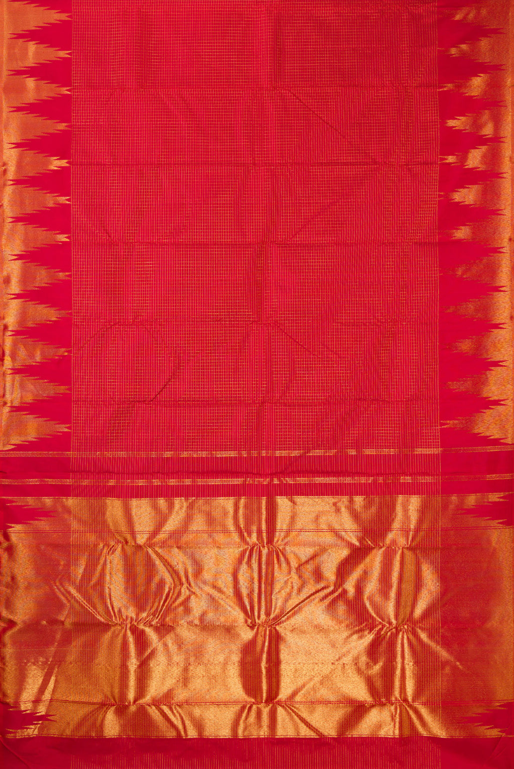 Flat view of Pure Silk Red Kanjivaram Saree with Checked design on the body and Temple Border. 