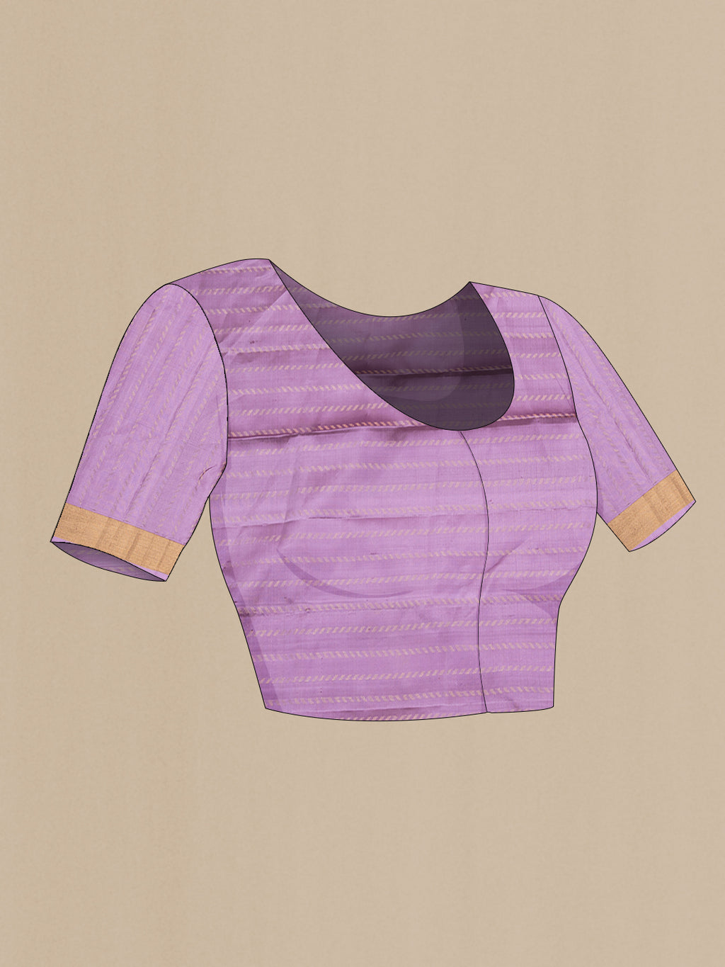 Close up image of the blouse of Pure Silk Purple Dual Tone Soft Saree with Zari Butta on the body and Zari Border. 