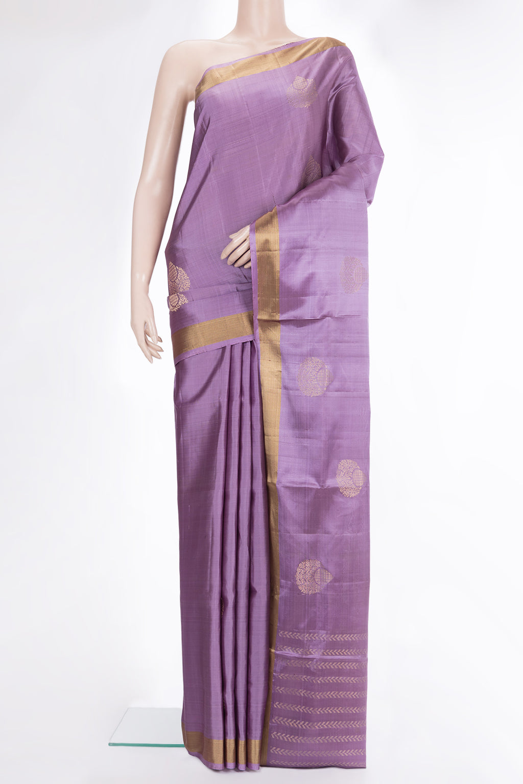 Pure Silk Purple Dual Tone Soft Saree with Zari Butta on the body and Zari Border.  displayed on a mannequin