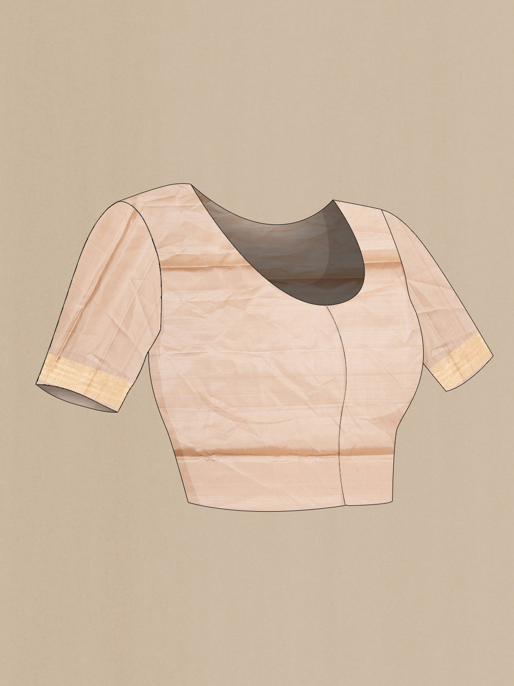 Close up image of the blouse of Pure Silk Dark Beige Dual Tone Soft Saree with Zari Butta on the body and Zari Border. 