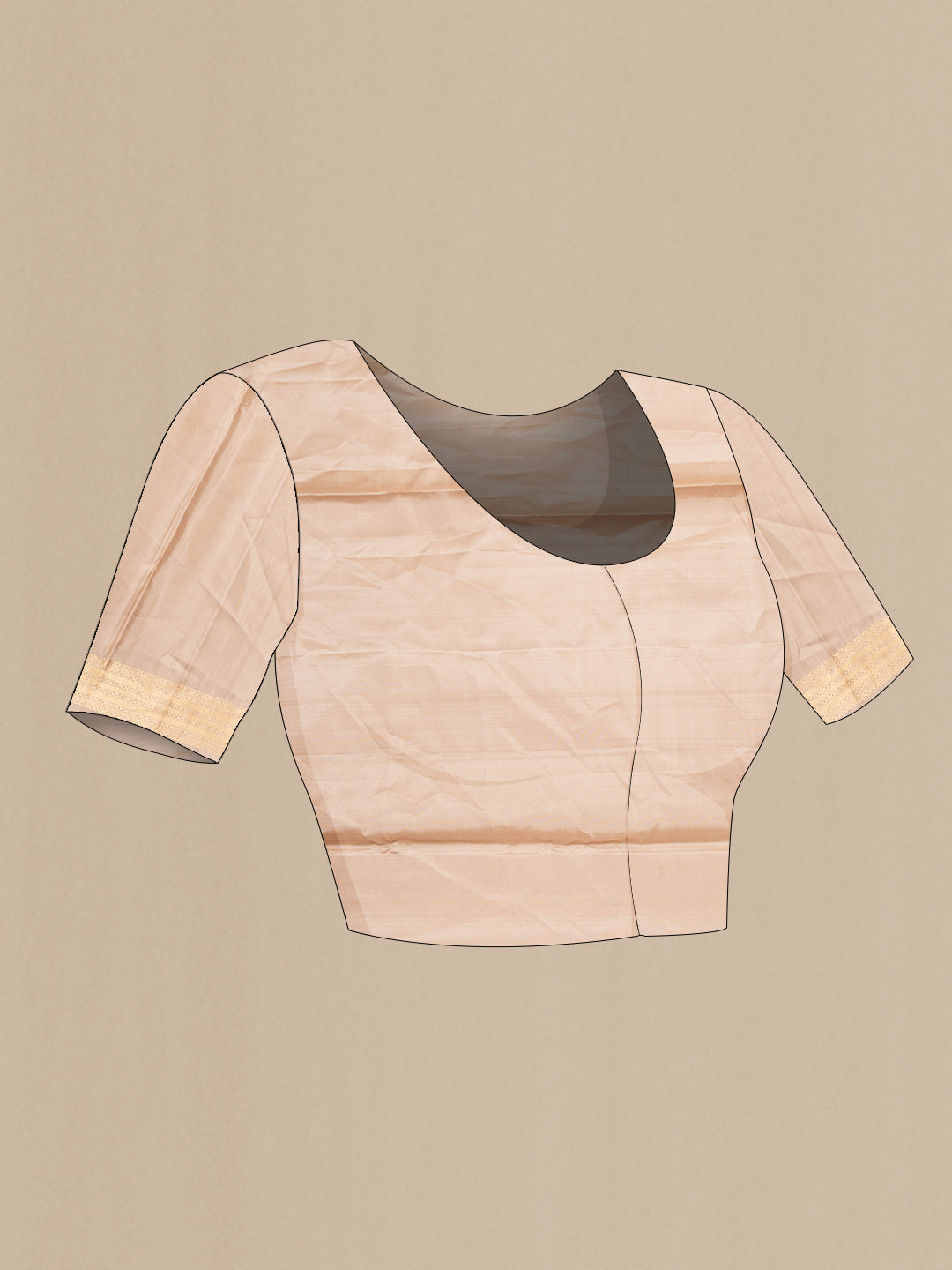 Close up image of the blouse of Pure Silk Dark Beige Dual Tone Soft Saree with Zari Butta on the body and Zari Border. 