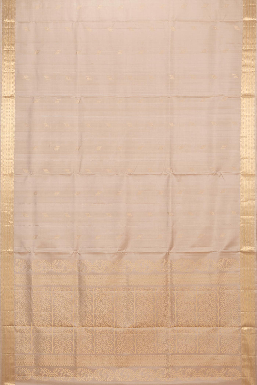 Flat view of Pure Silk Dark Beige Dual Tone Soft Saree with Zari Butta on the body and Zari Border. 