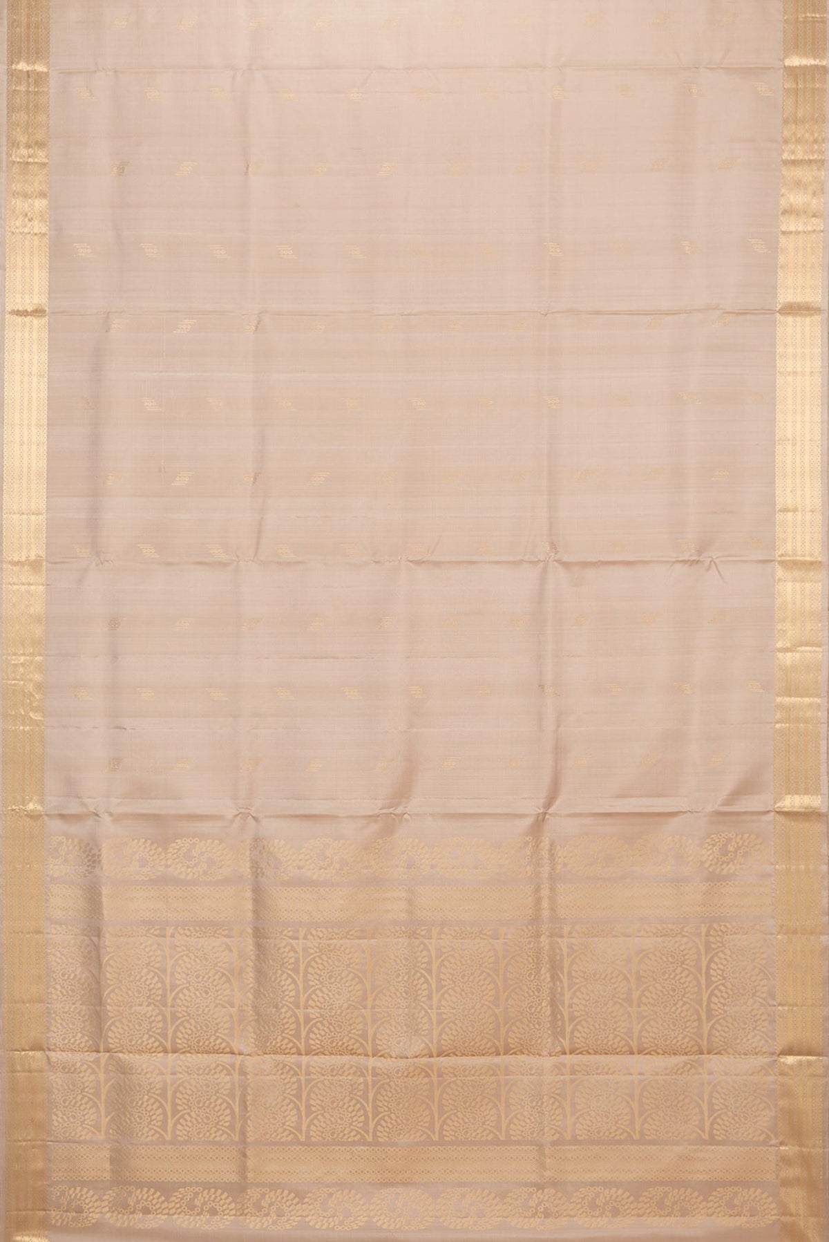Flat view of Pure Silk Dark Beige Dual Tone Soft Saree with Zari Butta on the body and Zari Border. 
