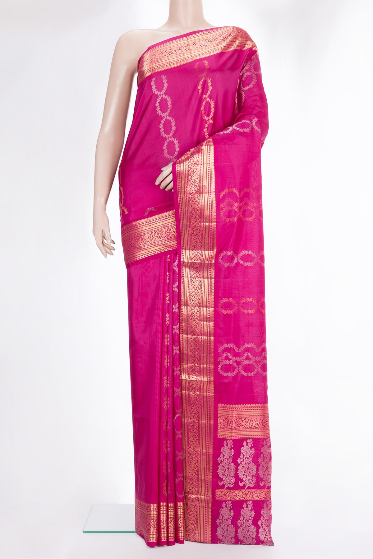 Pure Silk Dark Pink Dual Tone Soft Saree with Zari Butta on the body and Zari Border.  displayed on a mannequin