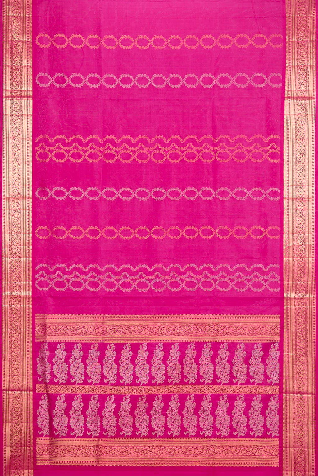 Flat view of Pure Silk Dark Pink Dual Tone Soft Saree with Zari Butta on the body and Zari Border. 