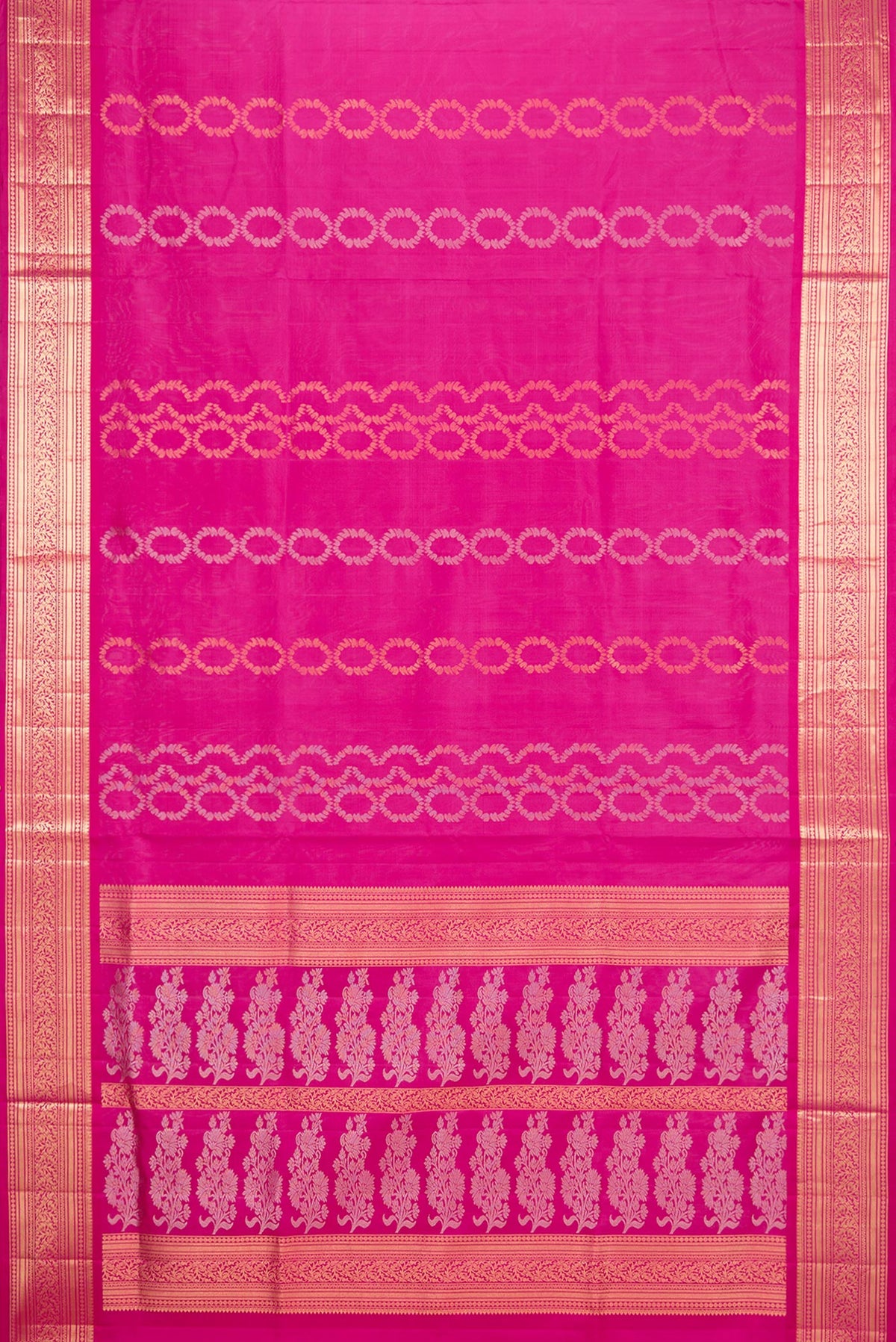 Flat view of Pure Silk Dark Pink Dual Tone Soft Saree with Zari Butta on the body and Zari Border. 