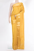 Pure Silk Mustard Dual Tone Soft Saree with Zari Butta on the body and Zari Border.  displayed on a mannequin