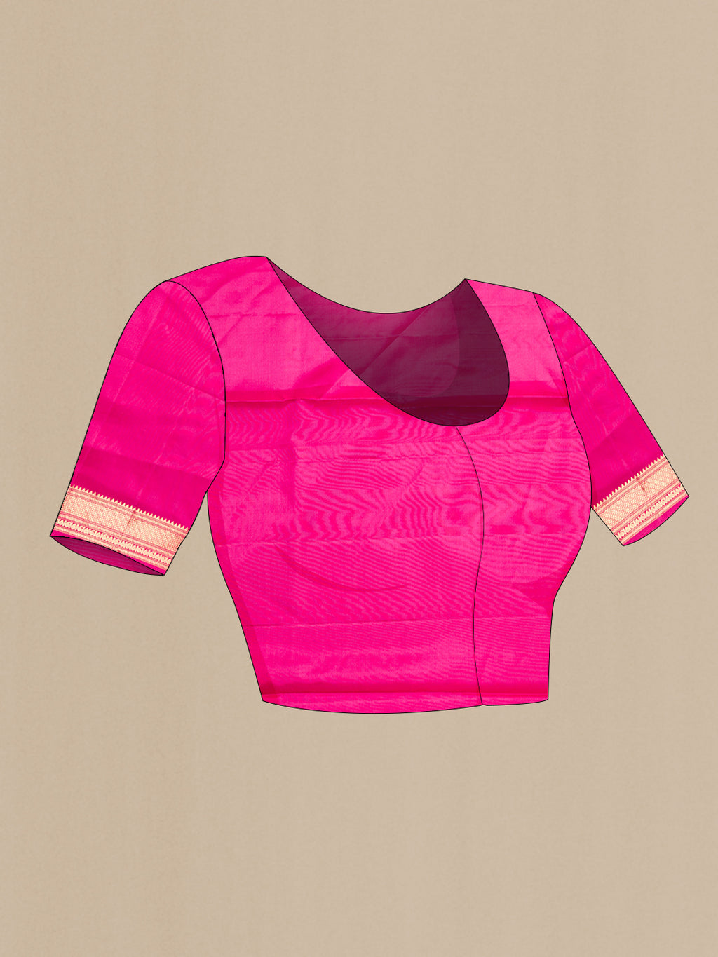 Close up image of the blouse of Pure Silk Pink Dual Tone Soft Saree with Zari Butta on the body and Zari Border. 