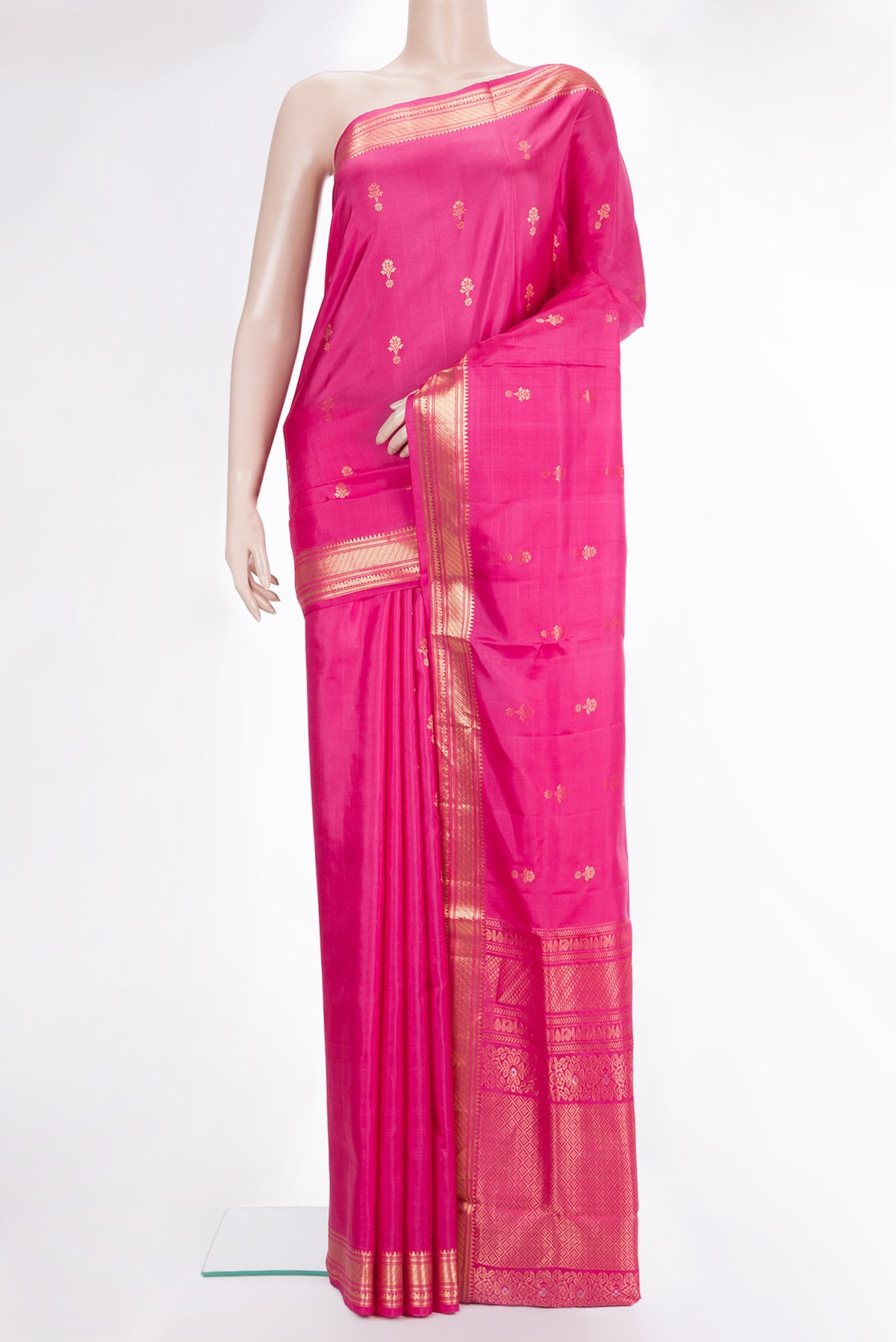 Pure Silk Pink Dual Tone Soft Saree with Zari Butta on the body and Zari Border.  displayed on a mannequin