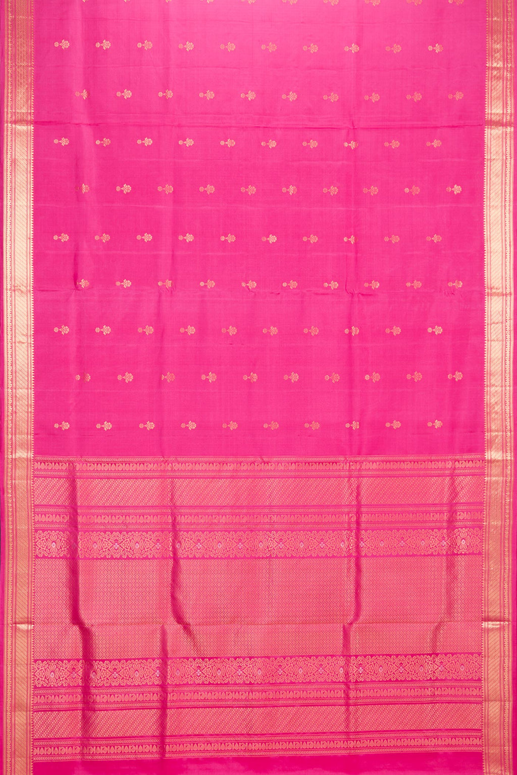 Flat view of Pure Silk Pink Dual Tone Soft Saree with Zari Butta on the body and Zari Border. 