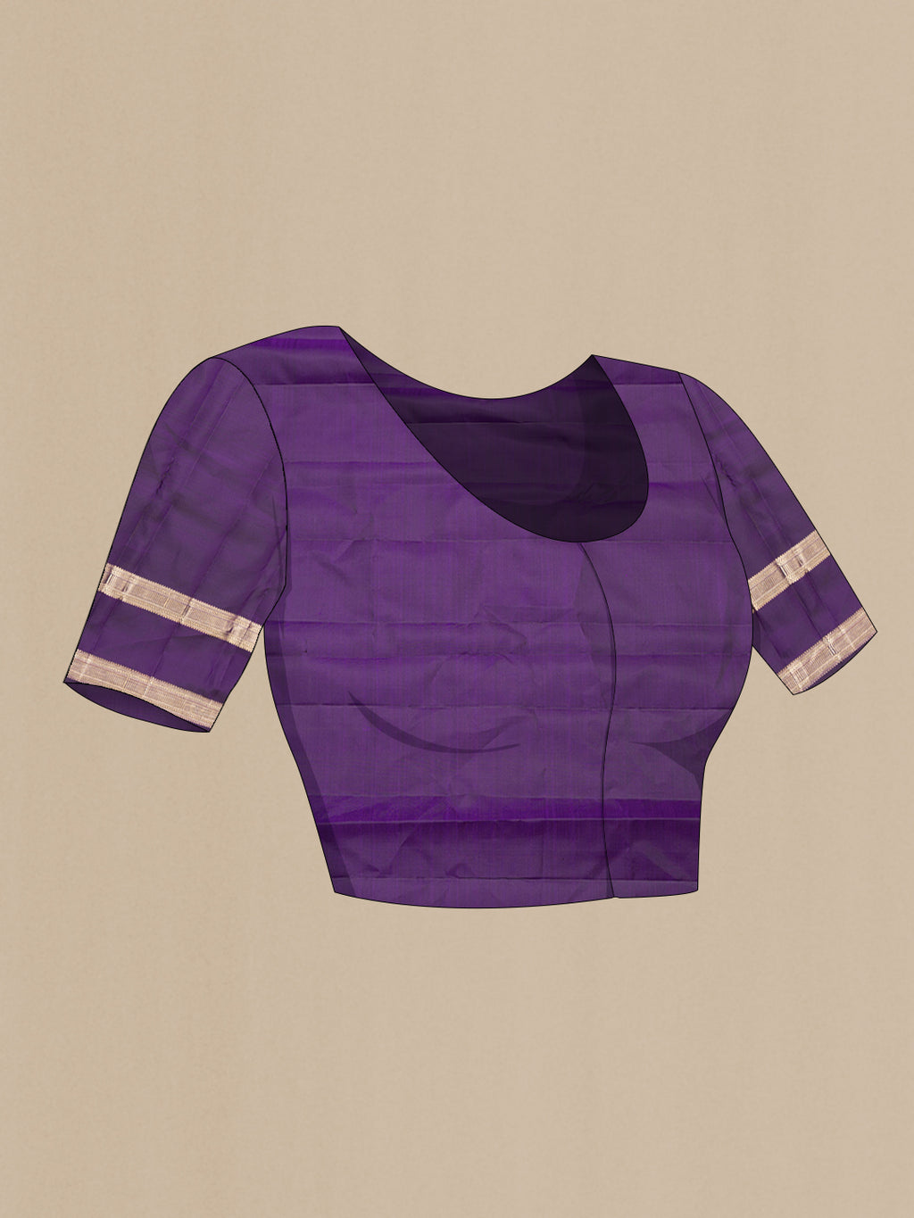 Close up image of the blouse of Pure Silk Violet Kanchipuram Saree with Checked design on the body and Zari Border. 