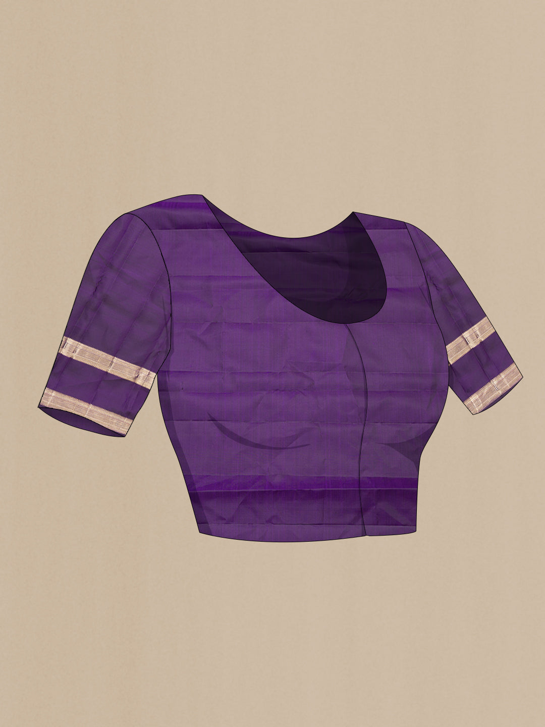 Close up image of the blouse of Pure Silk Violet Kanchipuram Saree with Checked design on the body and Zari Border. 