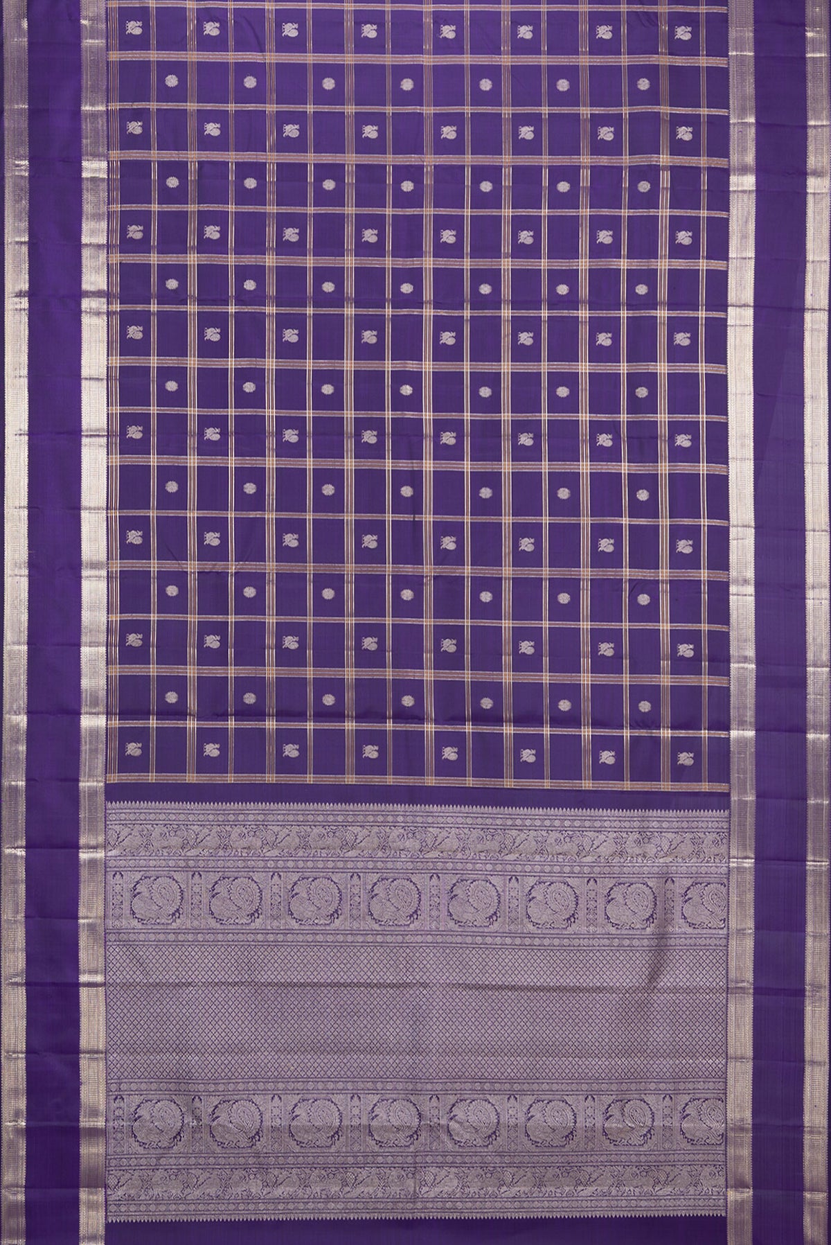 Flat view of Pure Silk Violet Kanchipuram Saree with Checked design on the body and Zari Border. 