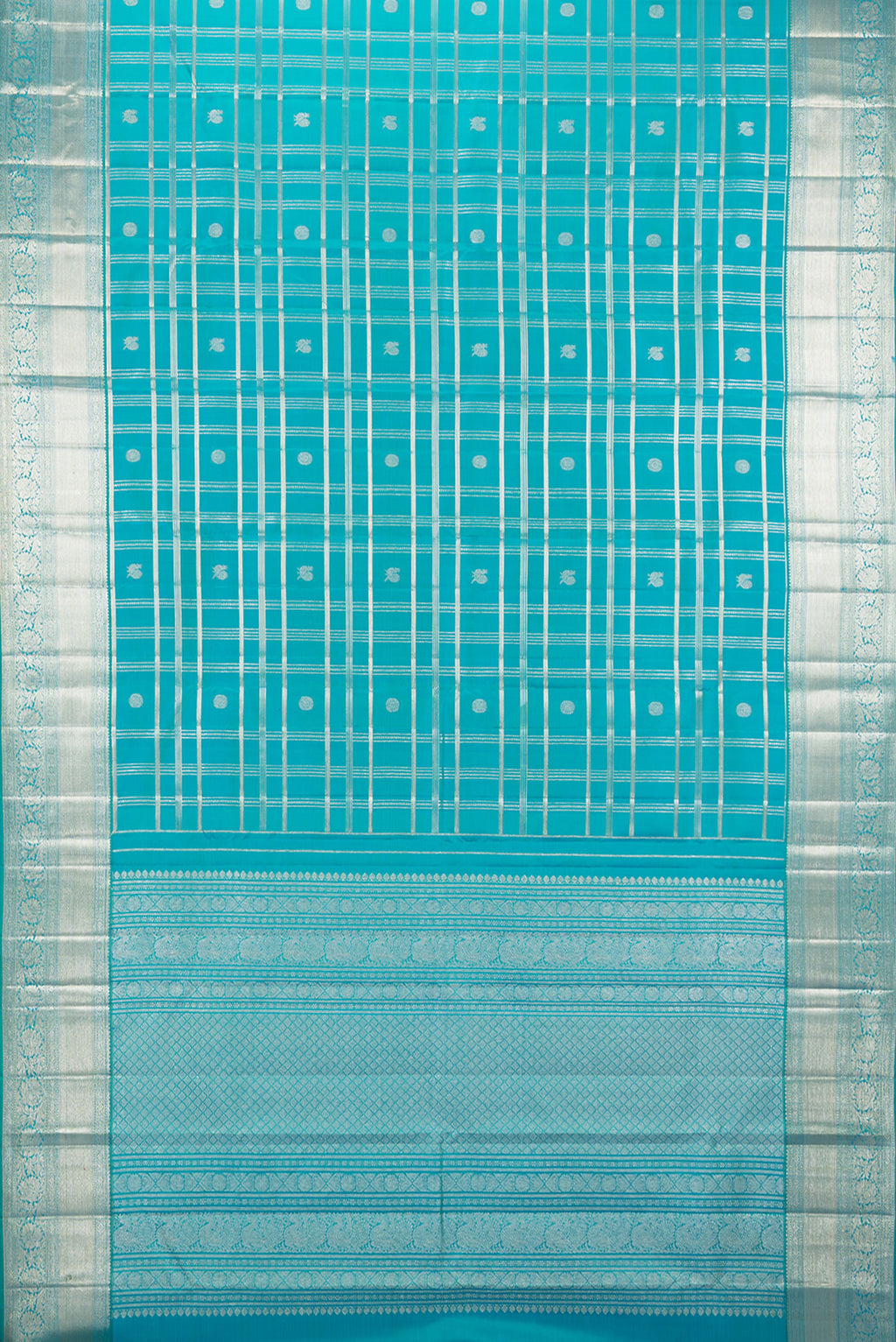 Flat view of Pure Silk Sea Green Dual Tone Kanchipuram Saree with Checked design on the body and Zari Border. 