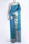 Pure Silk Peacock Blue Dual Tone Kanchipuram Saree with Checked design on the body and Zari Border.  displayed on a mannequin