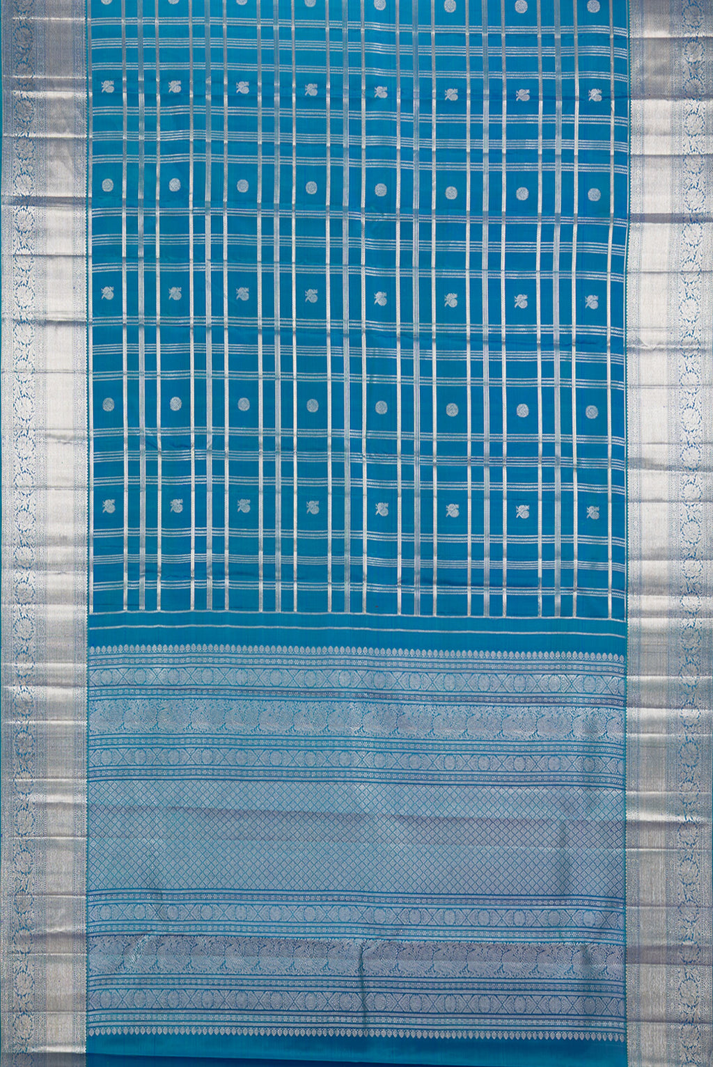 Flat view of Pure Silk Peacock Blue Dual Tone Kanchipuram Saree with Checked design on the body and Zari Border. 