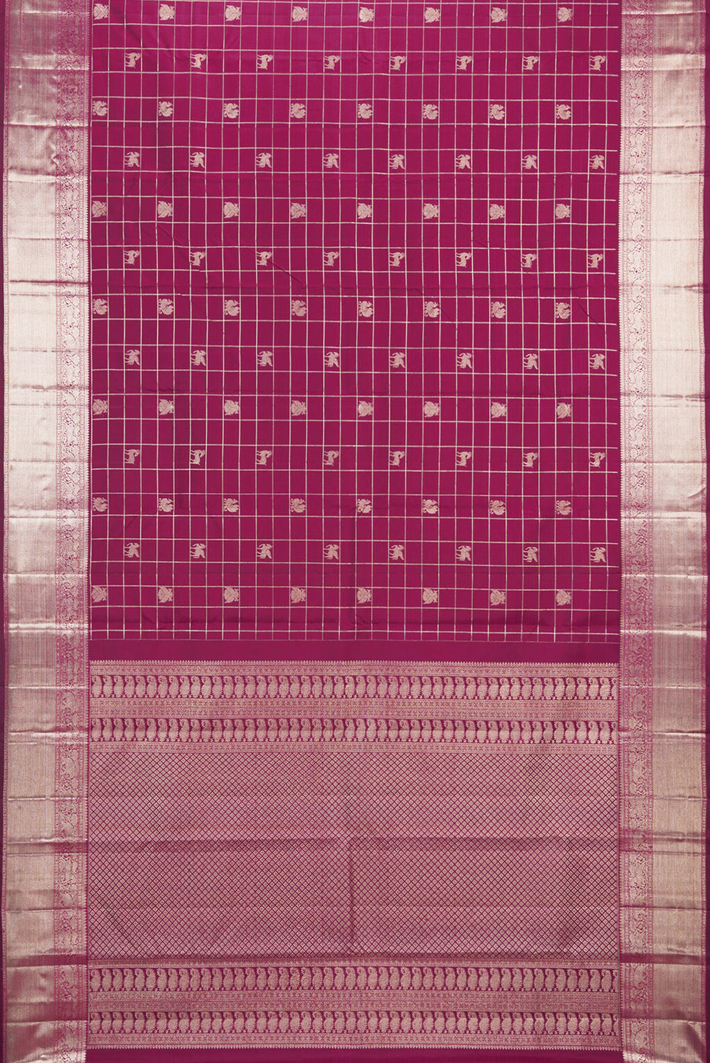Flat view of Pure Silk Magenta Dual Tone Kanchipuram Saree with Checked design on the body and Zari Border. 