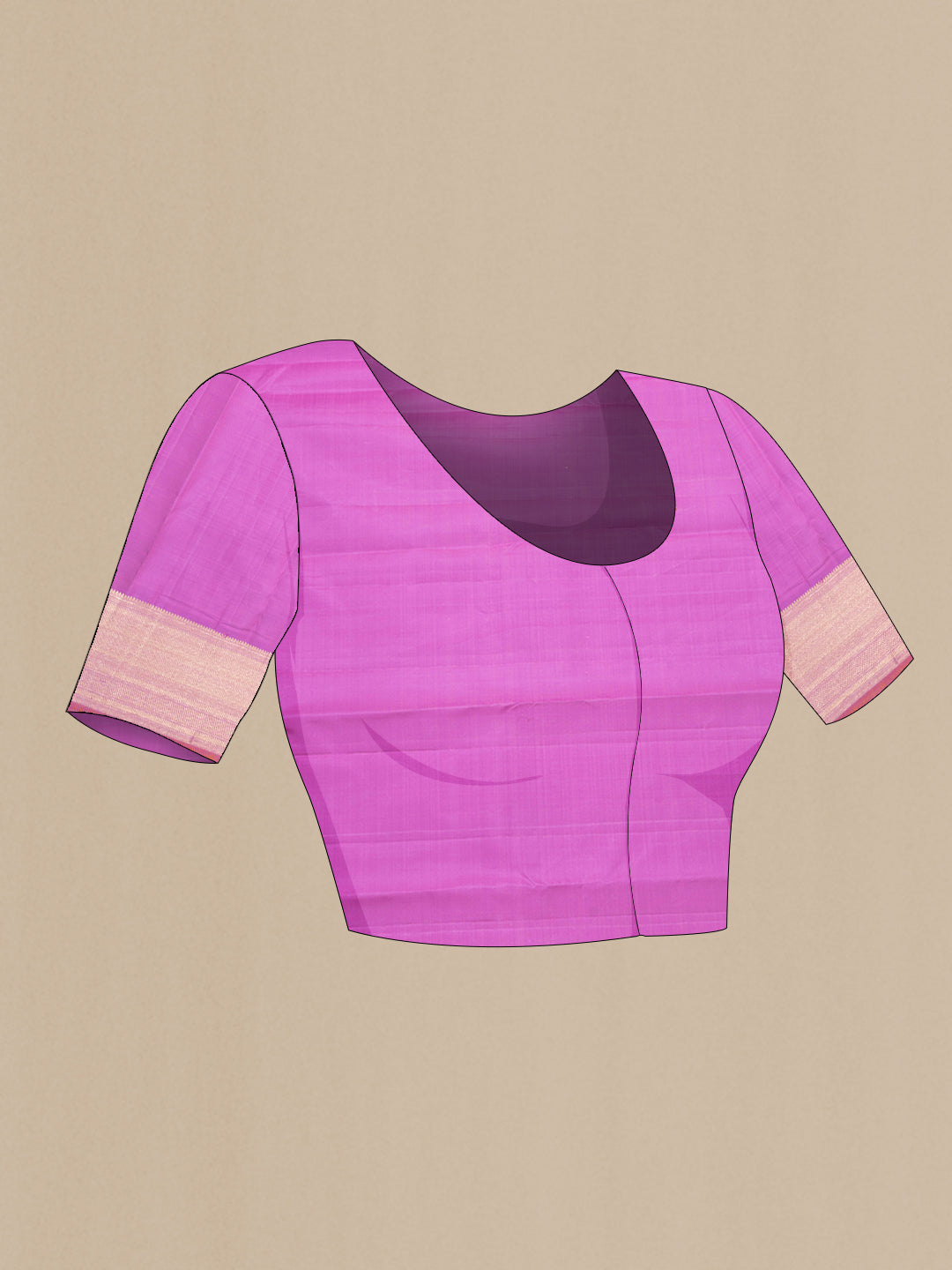 Close up image of the blouse of Pure Silk Pink Dual Tone Kanjivaram Saree with Zari Butta on the body and Zari Border. 