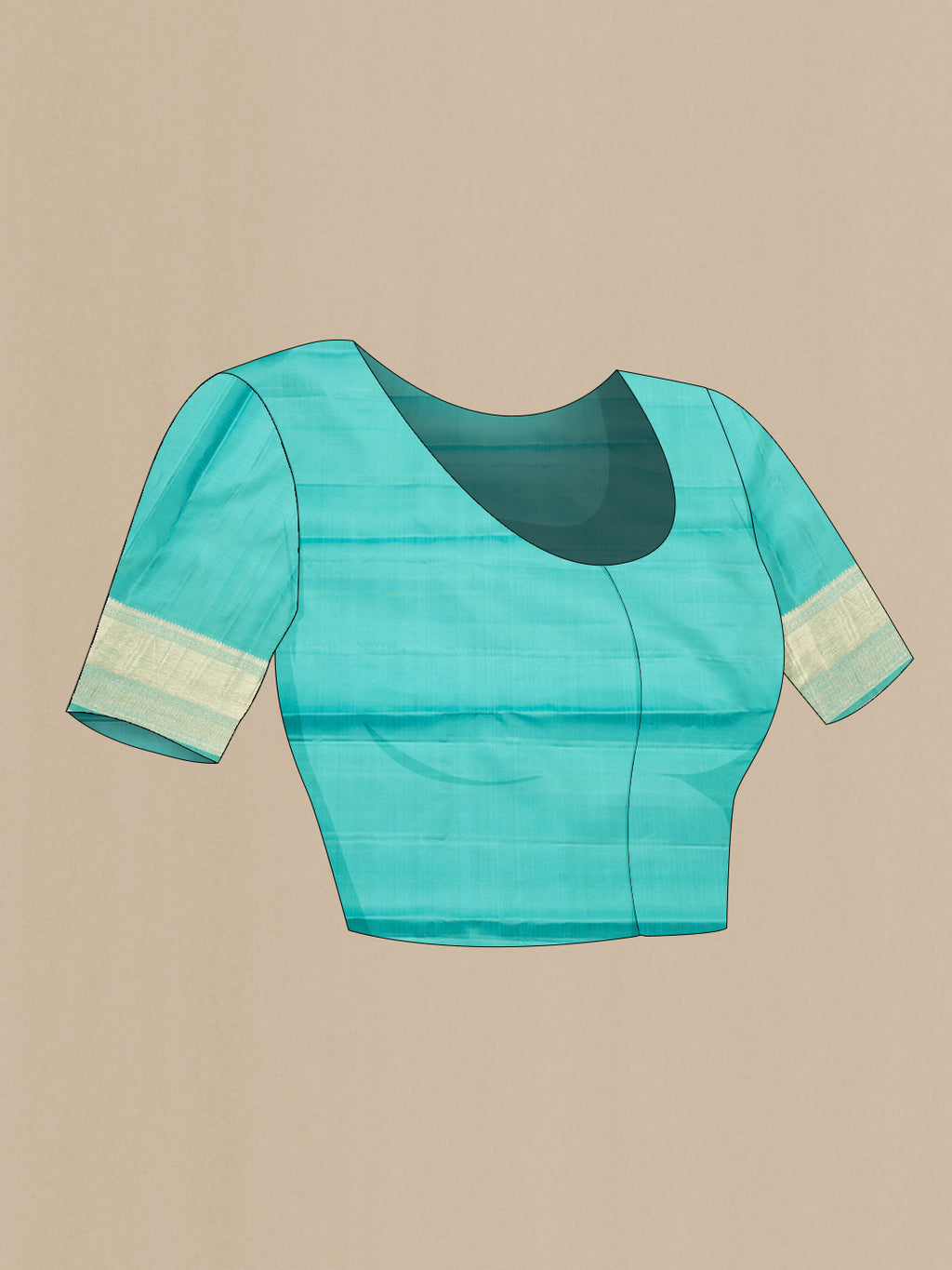 Close up image of the blouse of Pure Silk Turquoise Kanjivaram Saree with Zari Butta on the body and Zari Border. 