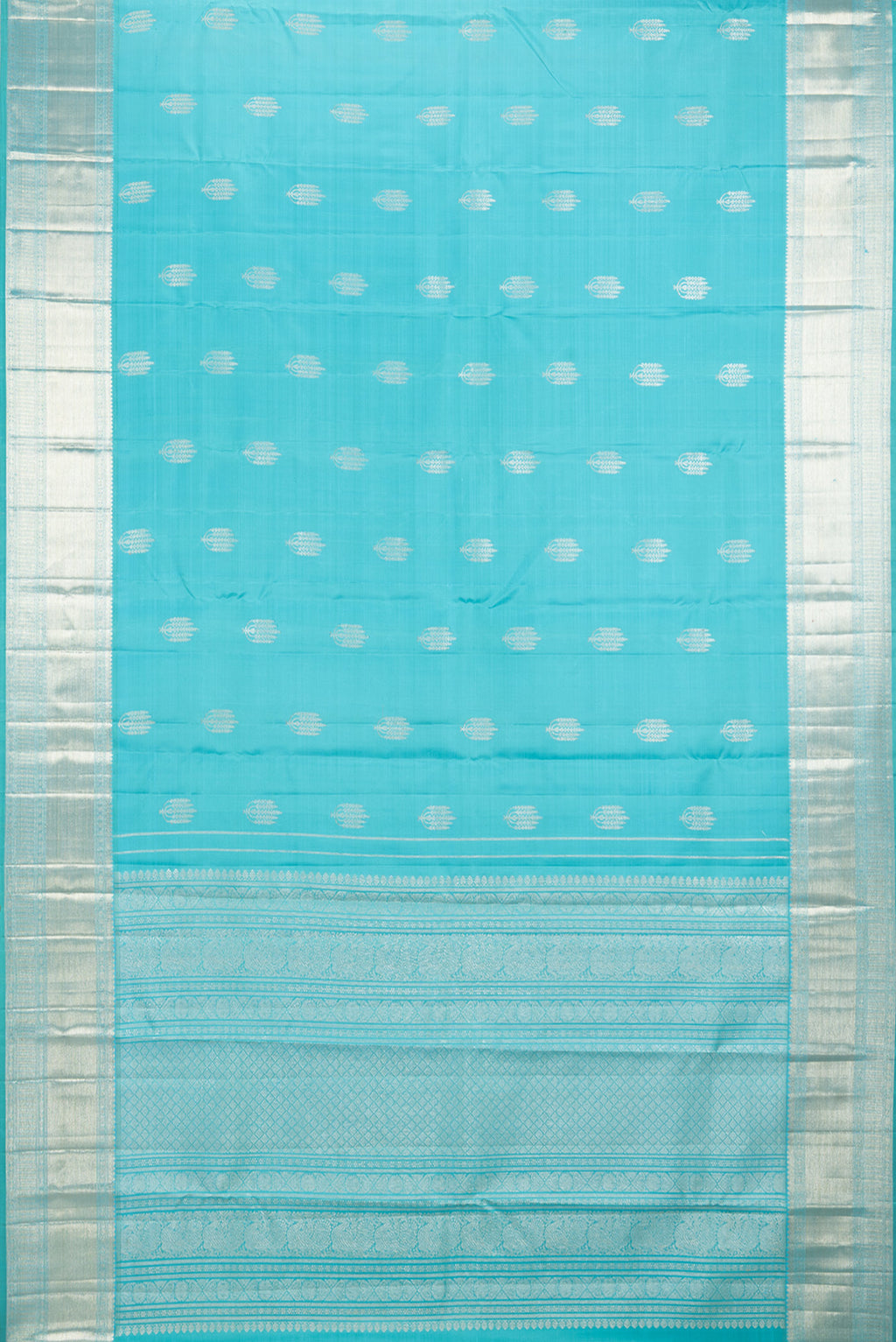 Flat view of Pure Silk Turquoise Kanjivaram Saree with Zari Butta on the body and Zari Border. 