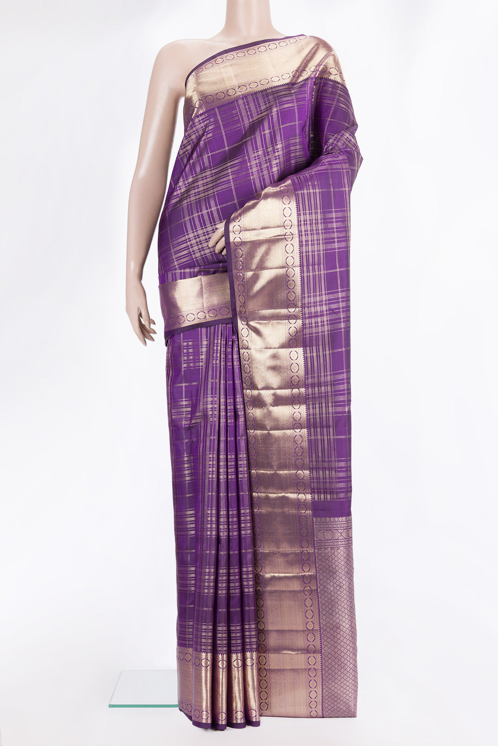 Pure Silk Purple Dual Tone Kanchipuram Saree with Checked design on the body and Zari Border.  displayed on a mannequin
