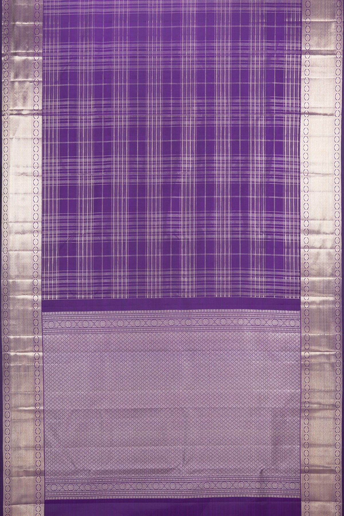 Flat view of Pure Silk Purple Dual Tone Kanchipuram Saree with Checked design on the body and Zari Border. 