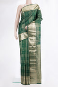Pure Silk Bottle Green Kanchipuram Saree with Checked design on the body and Zari Border.  displayed on a mannequin