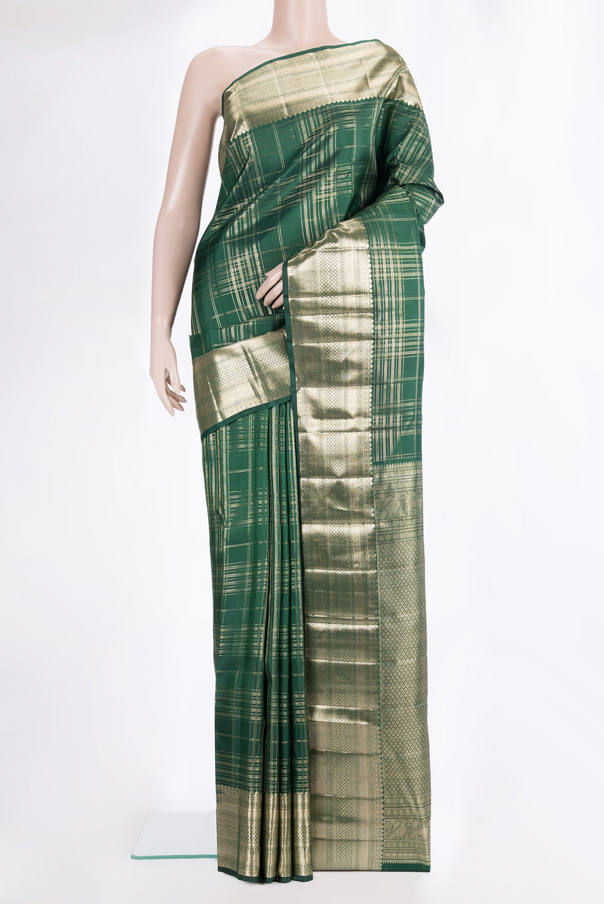 Pure Silk Bottle Green Kanchipuram Saree with Checked design on the body and Zari Border.  displayed on a mannequin