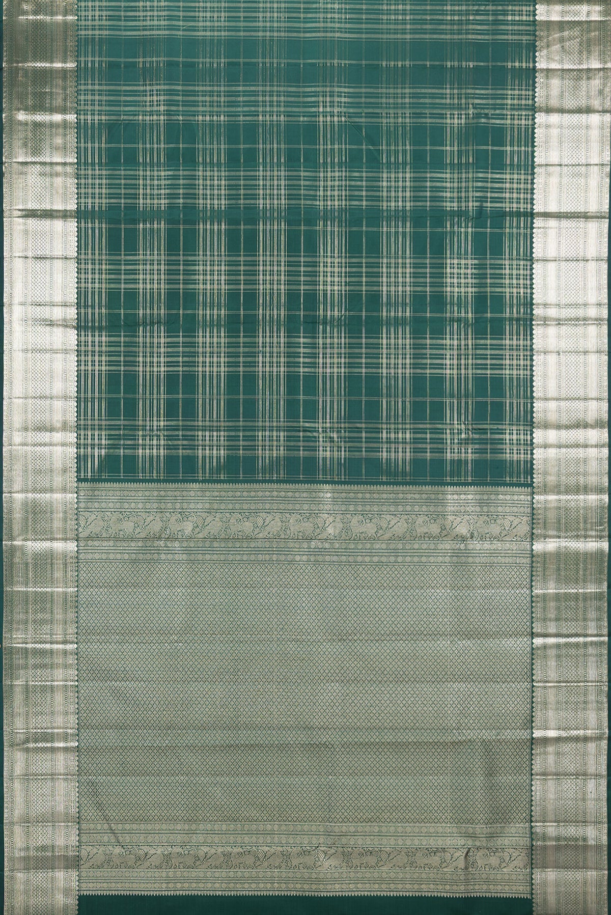 Flat view of Pure Silk Bottle Green Kanchipuram Saree with Checked design on the body and Zari Border. 