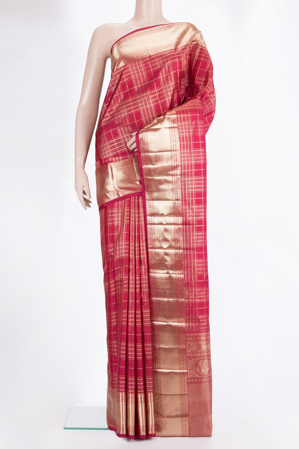 Pure Silk Deep Red Kanchipuram Saree with Checked design on the body and Zari Border.  displayed on a mannequin